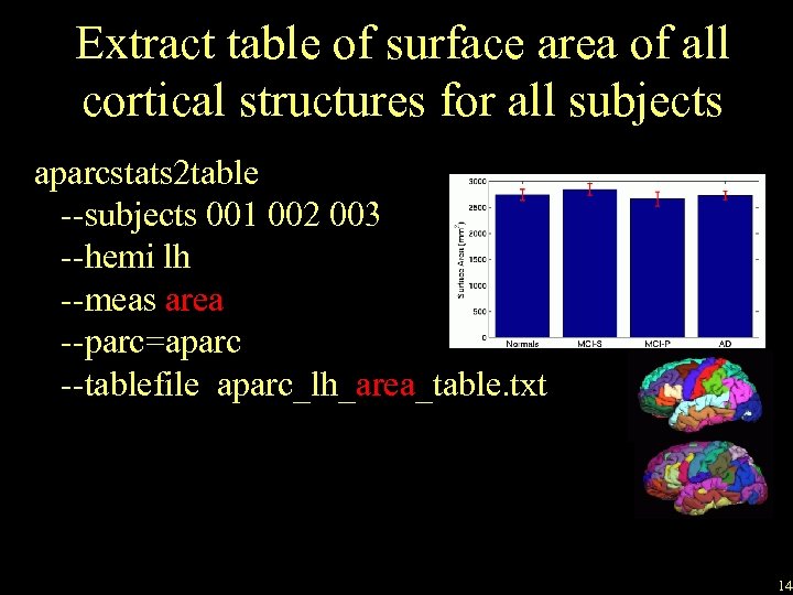 Extract table of surface area of all cortical structures for all subjects aparcstats 2