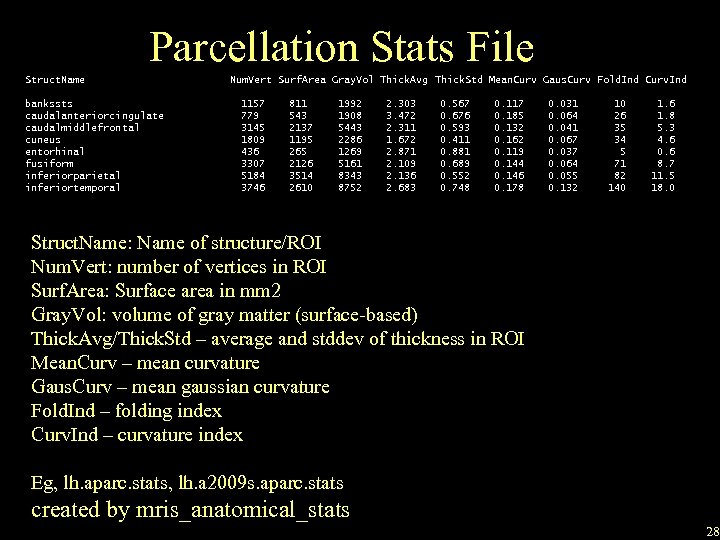 Parcellation Stats File Struct. Name bankssts caudalanteriorcingulate caudalmiddlefrontal cuneus entorhinal fusiform inferiorparietal inferiortemporal Num.