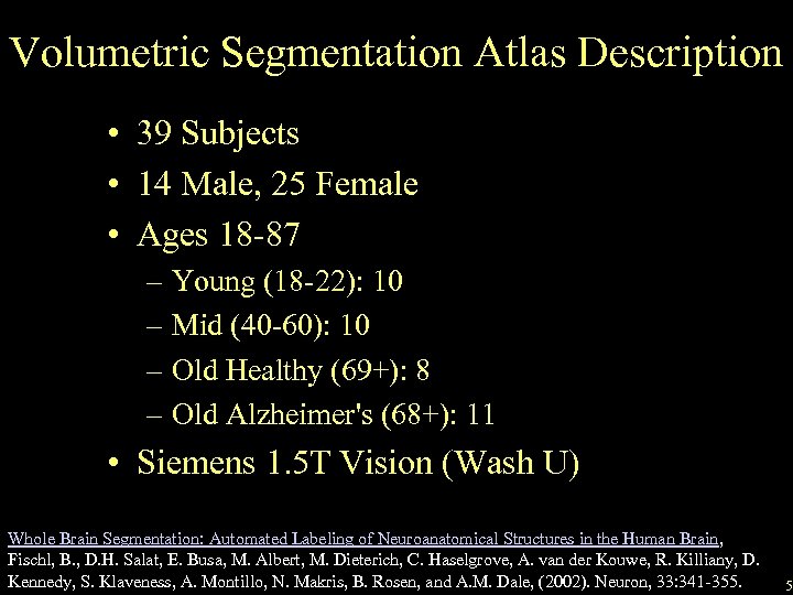 Volumetric Segmentation Atlas Description • 39 Subjects • 14 Male, 25 Female • Ages