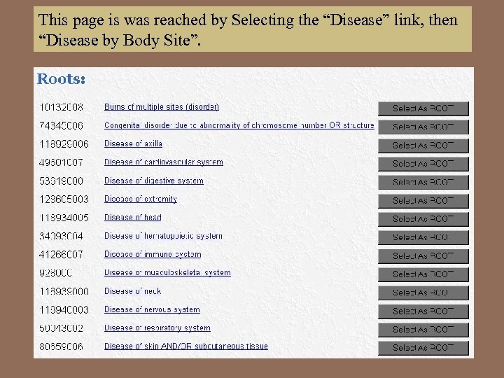 This page is was reached by Selecting the “Disease” link, then “Disease by Body