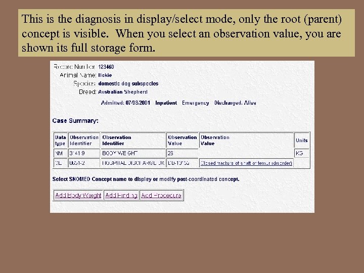 This is the diagnosis in display/select mode, only the root (parent) concept is visible.