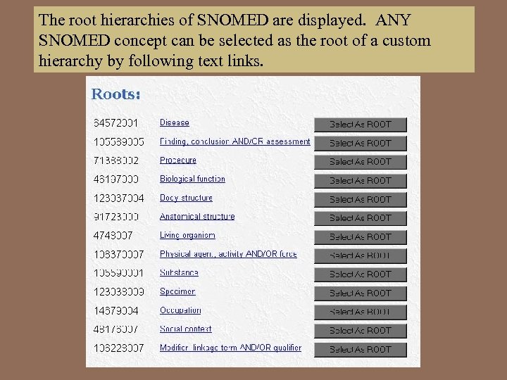 The root hierarchies of SNOMED are displayed. ANY SNOMED concept can be selected as