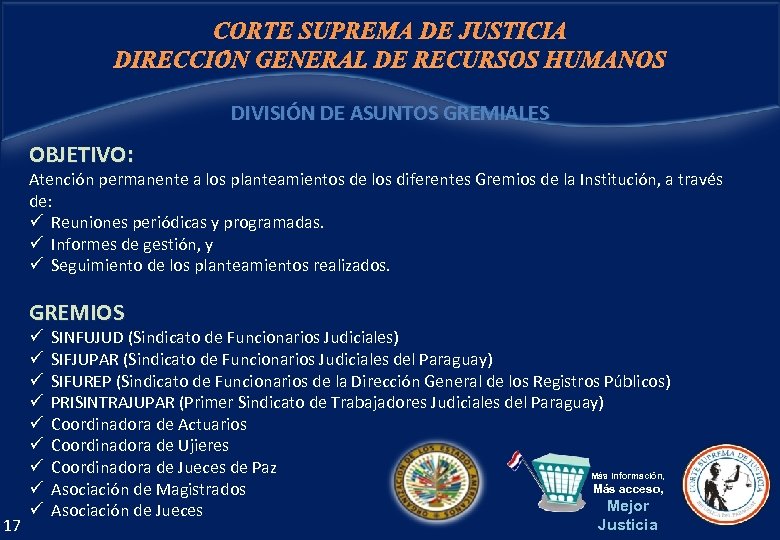 CORTE SUPREMA DE JUSTICIA DIRECCIÓN GENERAL DE RECURSOS HUMANOS DIVISIÓN DE ASUNTOS GREMIALES OBJETIVO: