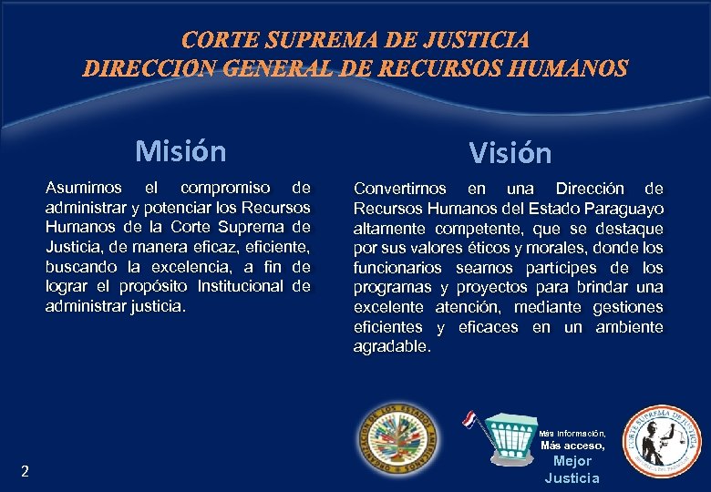 CORTE SUPREMA DE JUSTICIA DIRECCIÓN GENERAL DE RECURSOS HUMANOS Misión Visión Asumimos el compromiso