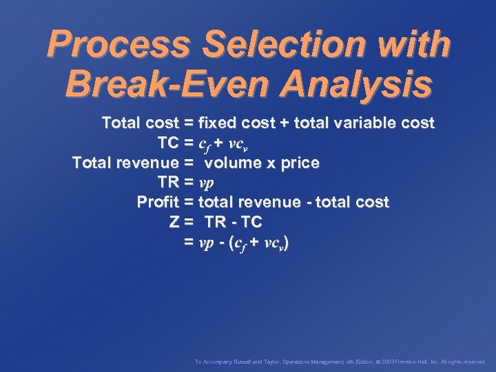 Process Selection with Break-Even Analysis Total cost = fixed cost + total variable cost