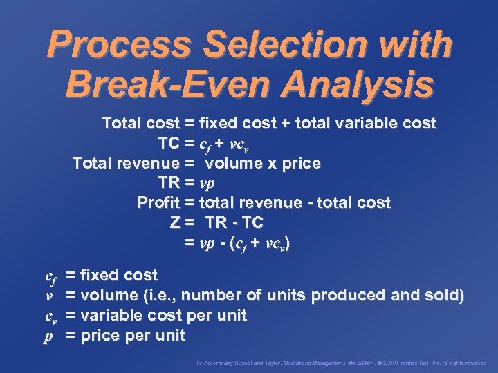 Process Selection with Break-Even Analysis Total cost = fixed cost + total variable cost