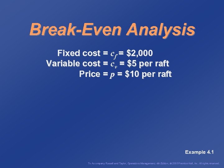 Break-Even Analysis Fixed cost = cf = $2, 000 Variable cost = cv =