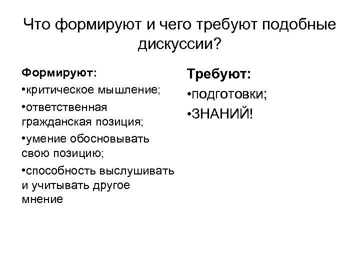 Что формируют и чего требуют подобные дискуссии? Формируют: • критическое мышление; • ответственная гражданская