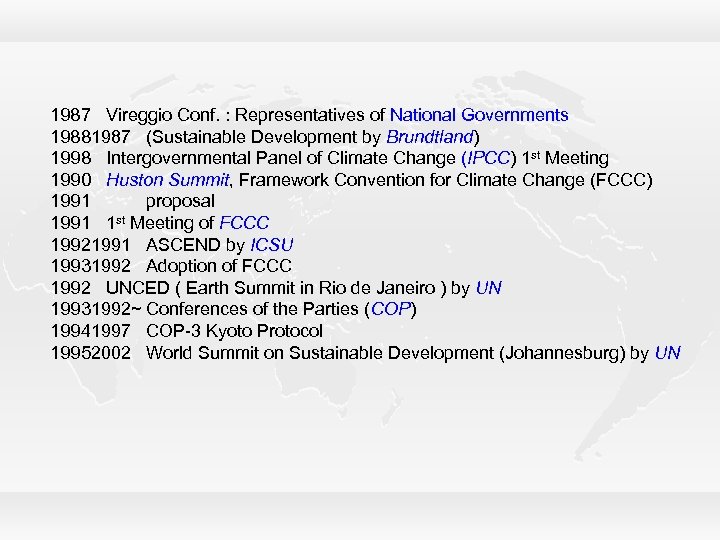 1987 Vireggio Conf. : Representatives of National Governments 19881987 (Sustainable Development by Brundtland) 1998