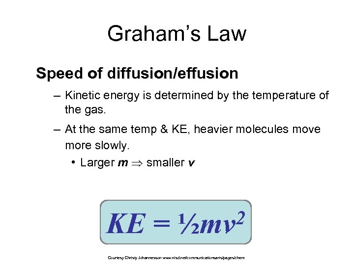 Graham’s Law Speed of diffusion/effusion – Kinetic energy is determined by the temperature of