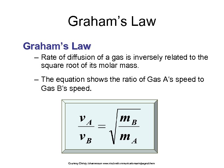 Graham’s Law – Rate of diffusion of a gas is inversely related to the