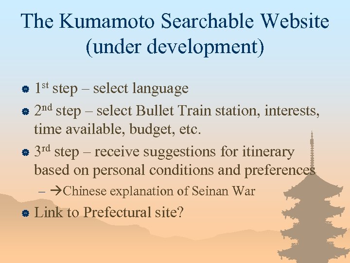 The Kumamoto Searchable Website (under development) 1 st step – select language | 2