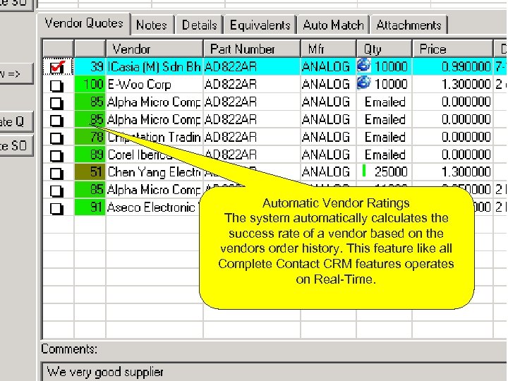 Automatic Vendor Ratings The system automatically calculates the success rate of a vendor based
