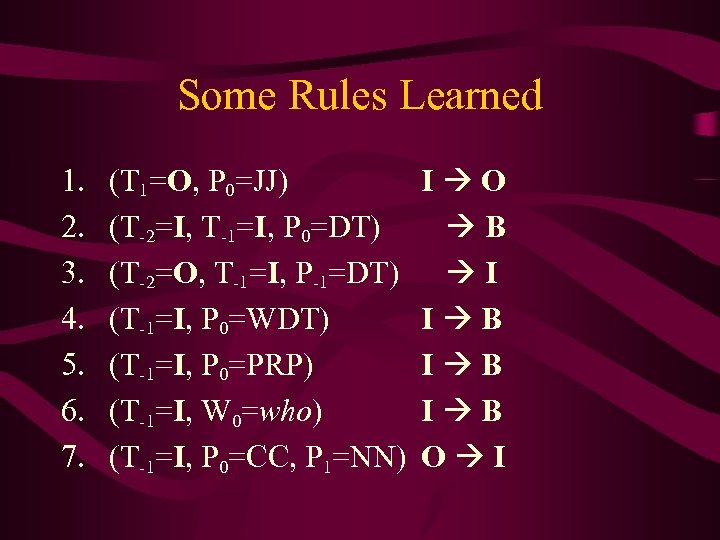 Some Rules Learned 1. 2. 3. 4. 5. 6. 7. (T 1=O, P 0=JJ)