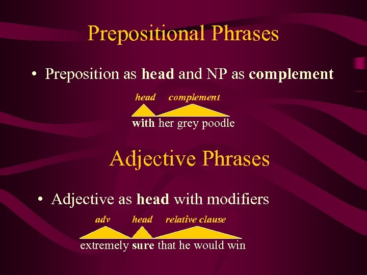 Prepositional Phrases • Preposition as head and NP as complement head complement with her