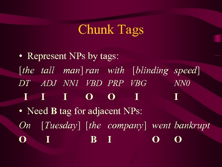 Chunk Tags • Represent NPs by tags: [the tall man] ran with [blinding speed]