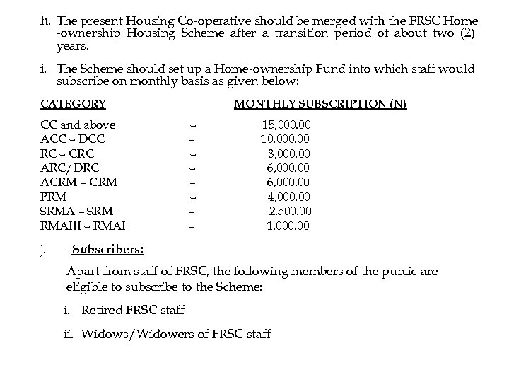 h. The present Housing Co-operative should be merged with the FRSC Home -ownership Housing