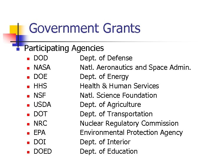 Government Grants n Participating Agencies n n n DOD NASA DOE HHS NSF USDA