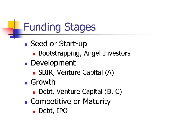 Funding Stages n Seed or Start-up n n Development n n SBIR, Venture Capital