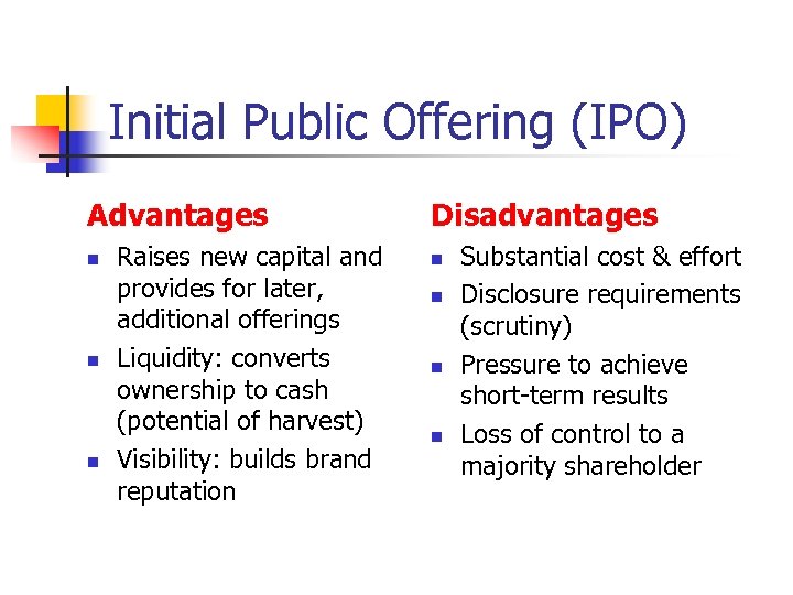 Initial Public Offering (IPO) Advantages n n n Raises new capital and provides for
