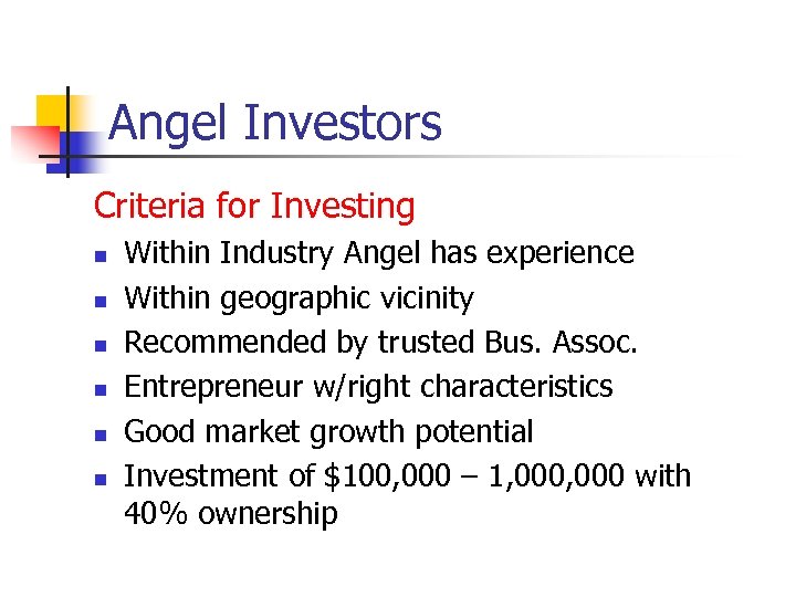 Angel Investors Criteria for Investing n n n Within Industry Angel has experience Within