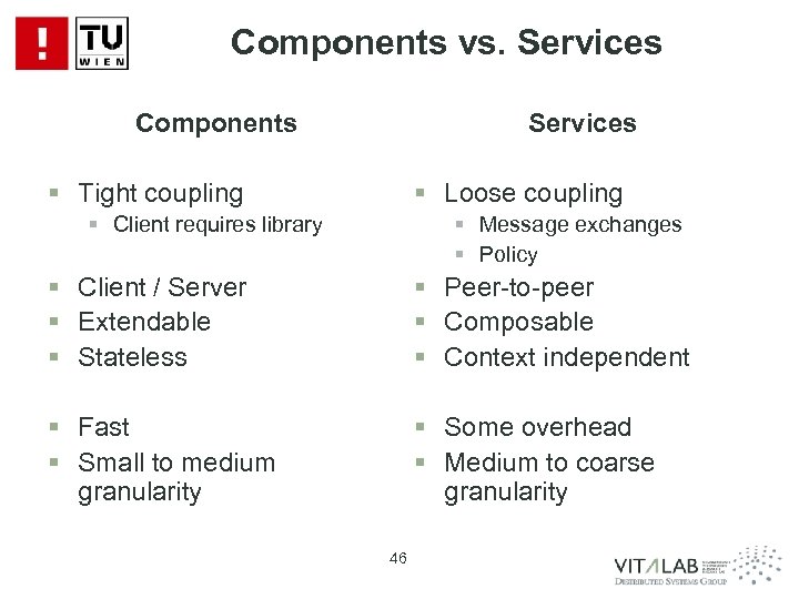 Components vs. Services Components Services § Tight coupling § Loose coupling § Client requires