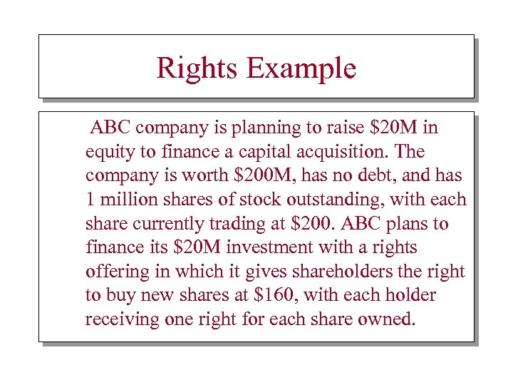 Rights Example ABC company is planning to raise $20 M in equity to finance