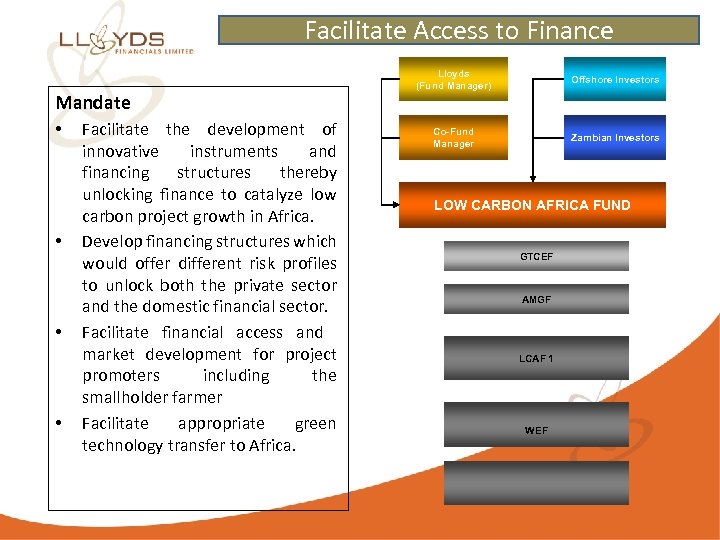 Facilitate Access to Finance Mandate • • Facilitate the development of innovative instruments and