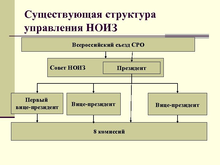 Существующая структура управления НОИЗ Всероссийский съезд СРО Совет НОИЗ Первый вице-президент Президент Вице-президент 8