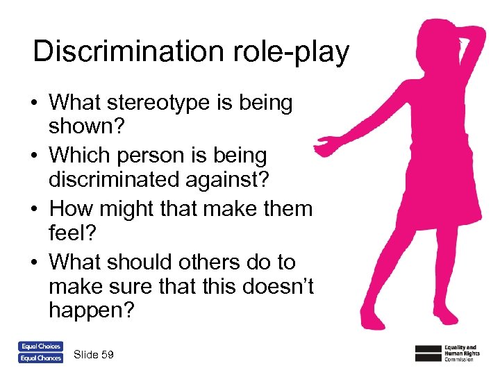 Discrimination role-play • What stereotype is being shown? • Which person is being discriminated