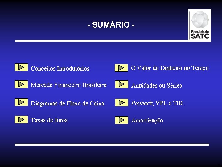 - SUMÁRIO - Conceitos Introdutórios O Valor do Dinheiro no Tempo Mercado Financeiro Brasileiro