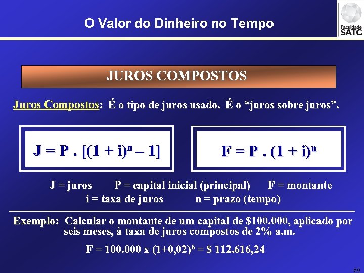 O Valor do Dinheiro no Tempo JUROS COMPOSTOS Juros Compostos: É o tipo de