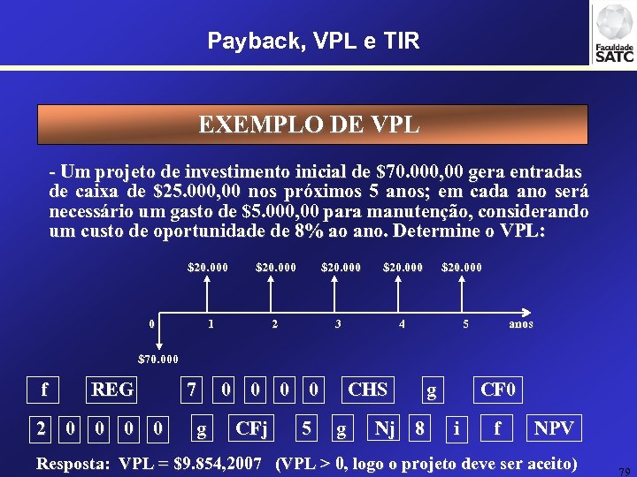 Payback, VPL e TIR EXEMPLO DE VPL - Um projeto de investimento inicial de