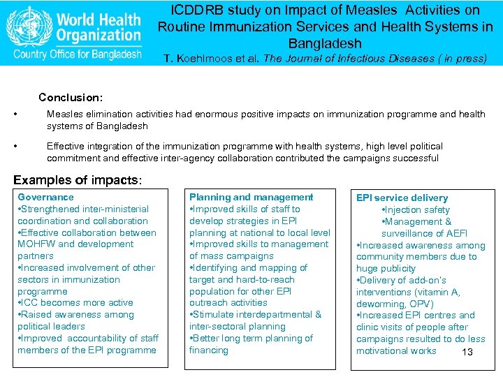 ICDDRB study on Impact of Measles Activities on Routine Immunization Services and Health Systems
