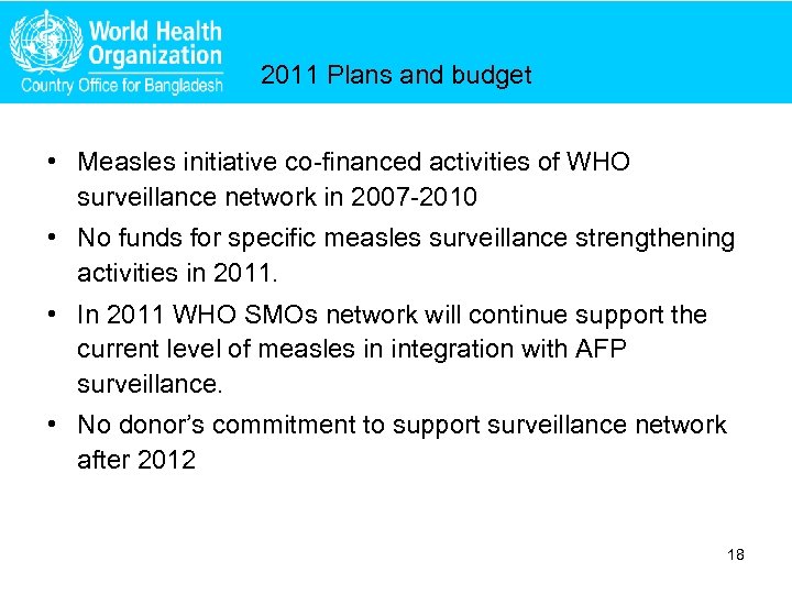 2011 Plans and budget • Measles initiative co-financed activities of WHO surveillance network in