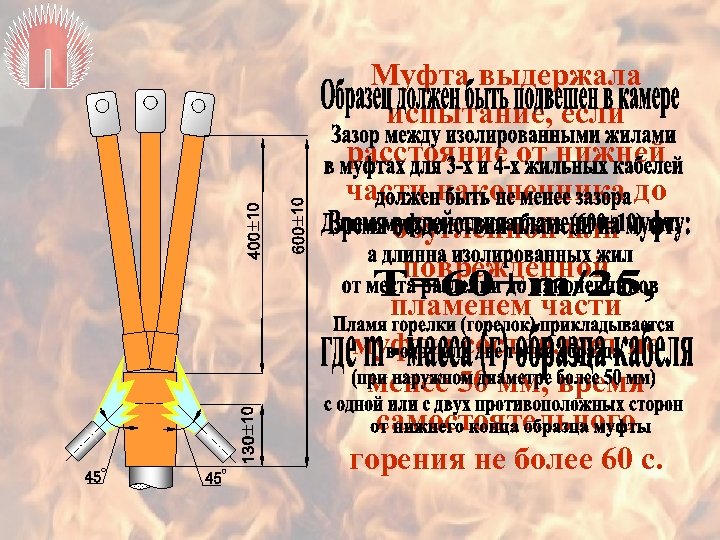 Муфта выдержала испытание, если расстояние от нижней части наконечника до обугленной или поврежденной пламенем