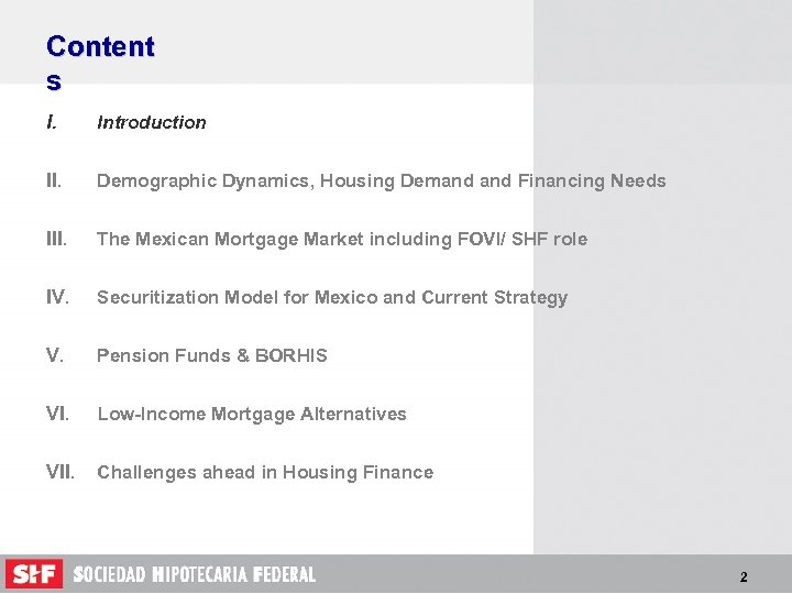 Content s I. Introduction II. Demographic Dynamics, Housing Demand Financing Needs III. The Mexican