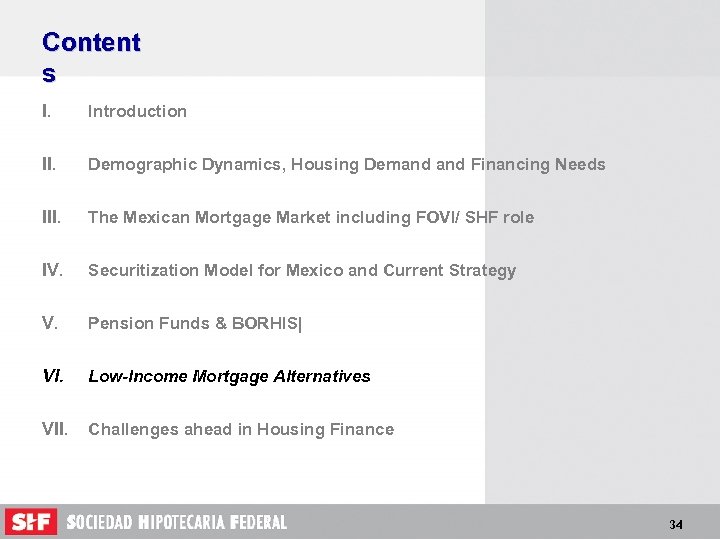 Content s I. Introduction II. Demographic Dynamics, Housing Demand Financing Needs III. The Mexican