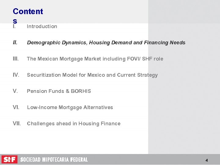 Content s I. Introduction II. Demographic Dynamics, Housing Demand Financing Needs III. The Mexican