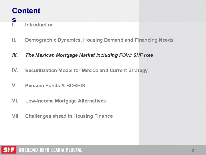 Content s I. Introduction II. Demographic Dynamics, Housing Demand Financing Needs III. The Mexican