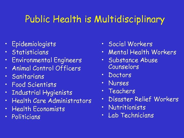 Public Health is Multidisciplinary • • • Epidemiologists Statisticians Environmental Engineers Animal Control Officers