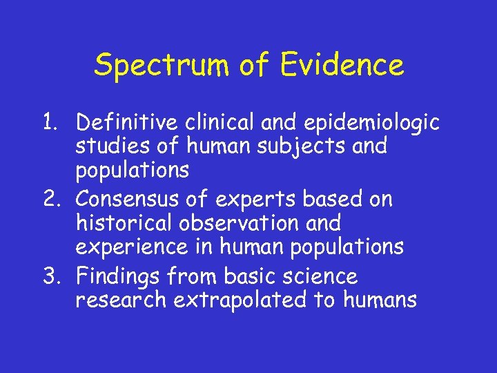 Spectrum of Evidence 1. Definitive clinical and epidemiologic studies of human subjects and populations
