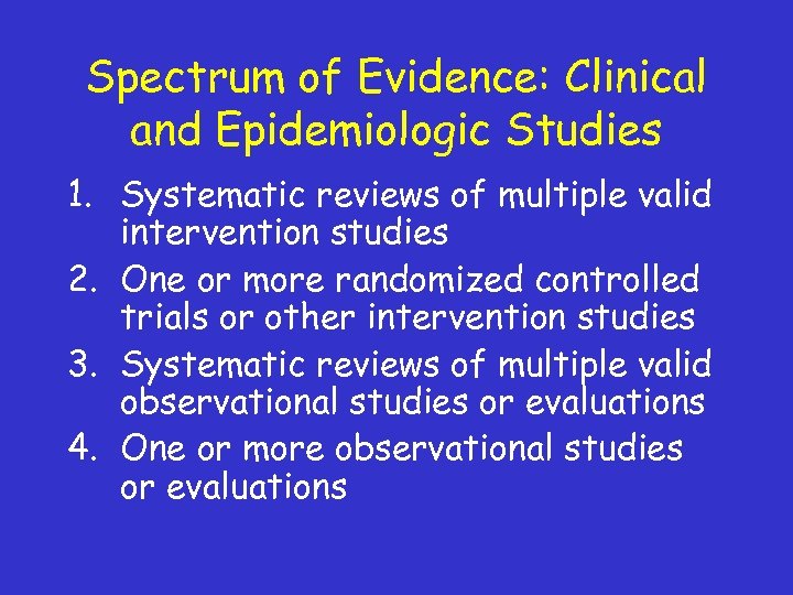 Spectrum of Evidence: Clinical and Epidemiologic Studies 1. Systematic reviews of multiple valid intervention
