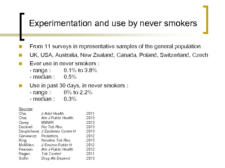 Experimentation and use by never smokers n From 11 surveys in representative samples of