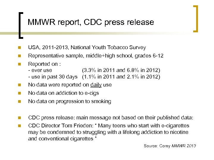 MMWR report, CDC press release n USA, 2011 -2013, National Youth Tobacco Survey n