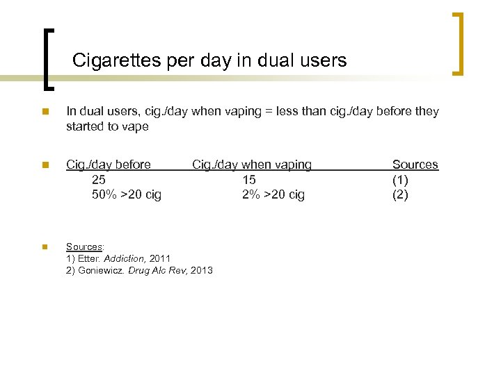 Cigarettes per day in dual users n In dual users, cig. /day when vaping