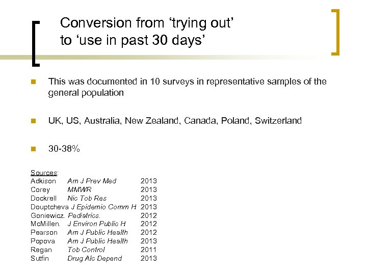 Conversion from ‘trying out’ to ‘use in past 30 days’ n This was documented