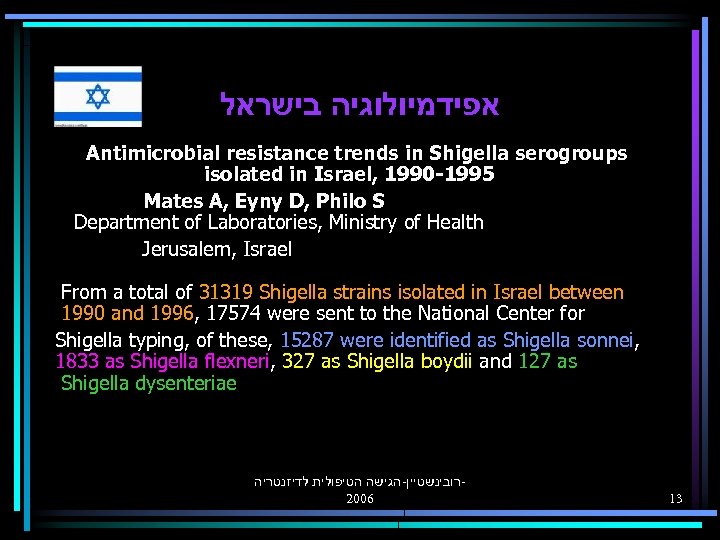 אפידמיולוגיה בישראל Antimicrobial resistance trends in Shigella serogroups isolated in Israel, 1990 -1995