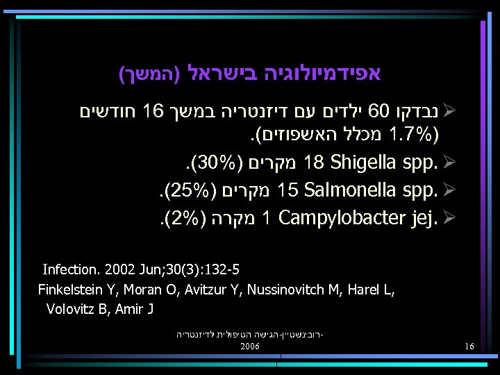 ( אפידמיולוגיה בישראל )המשך נבדקו 06 ילדים עם דיזנטריה במשך 61 חודשים Ø. (