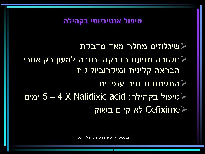  טיפול אנטיביוטי בקהילה Ø שיגלוזיס מחלה מאד מדבקת Ø חשובה מניעת הדבקה- חזרה